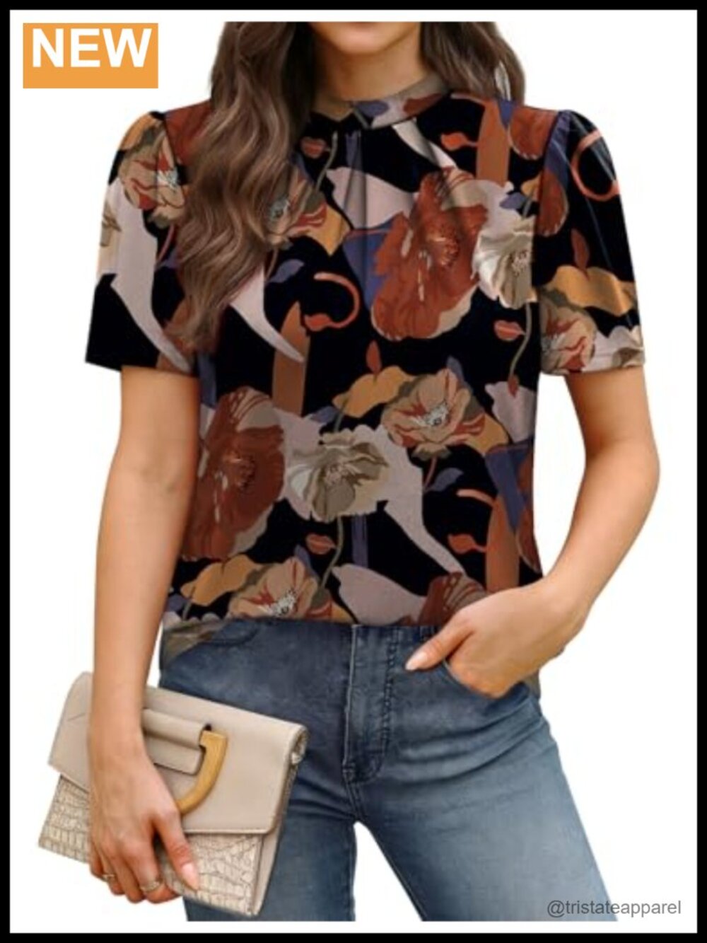 Womens Mock Neck Pleated Blouse Short Puff Sleeve Flowy Office Top